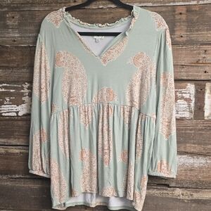 Wonderly Green and Peach Paisley Blouse, Size XL